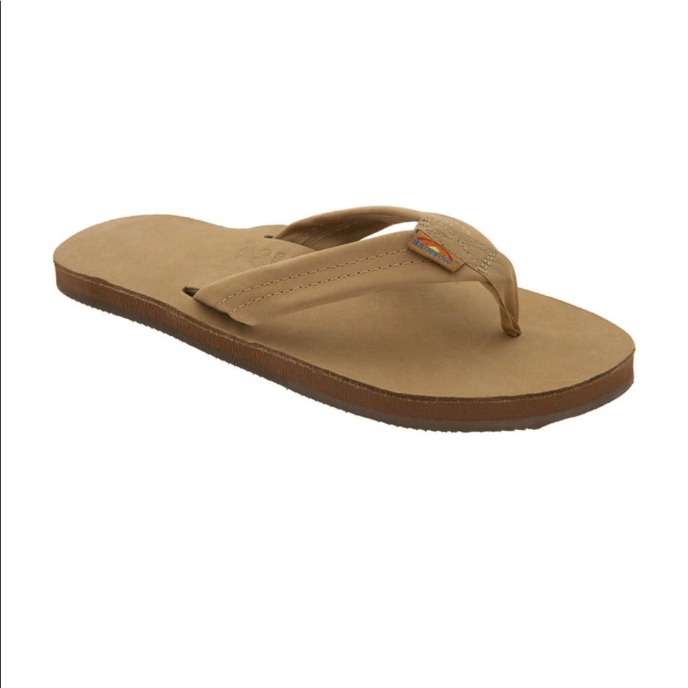 Tan rainbow flip-flops